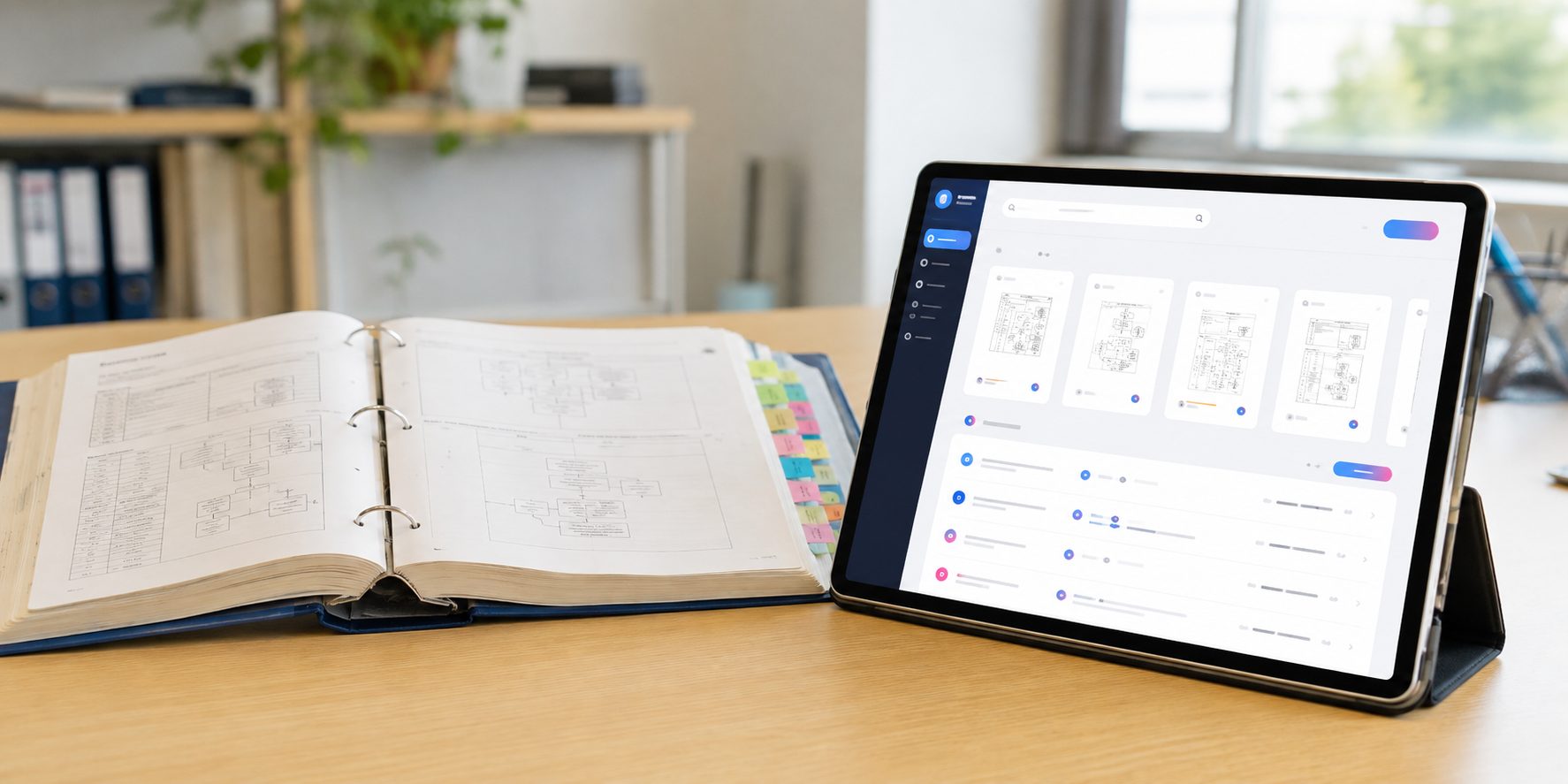 紙のマニュアルと、電子化して改訂履歴を自動で残せるようにしたタブレット画面