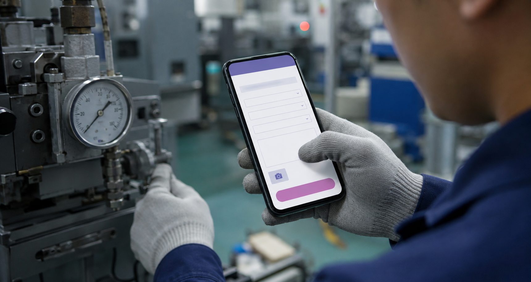 製造現場で設備の点検記録をスマホの業務アプリに入力する様子